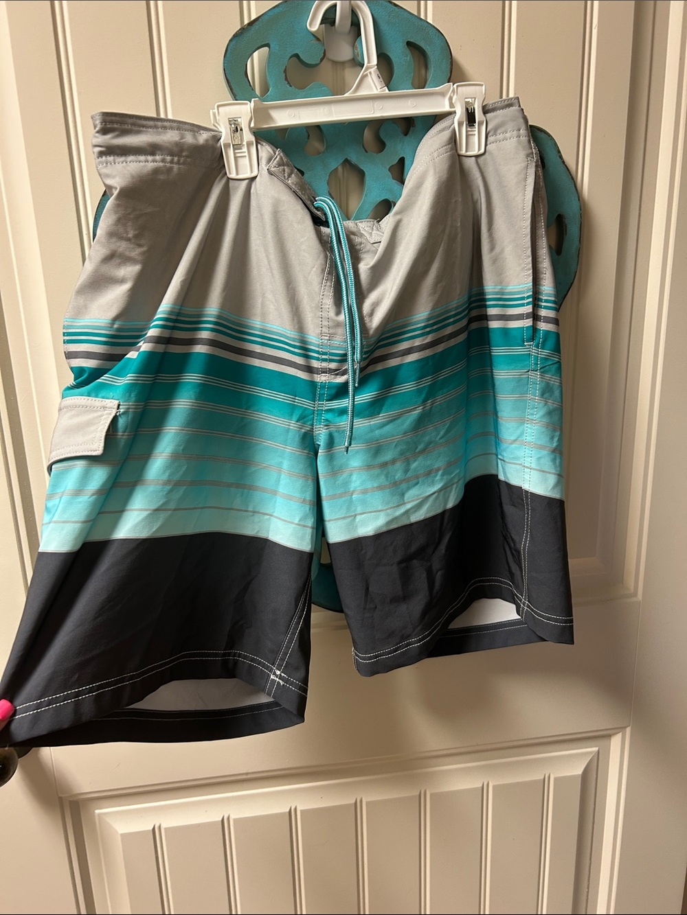 George Gray, Teal and Black Striped Swim Board Shorts